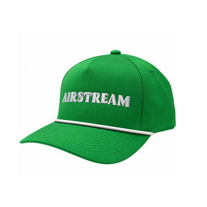 A bright green baseball cap with 'AIRSTREAM' embroidered in white on the front, featuring a white stripe detail across the brim, shown on a plain white background.