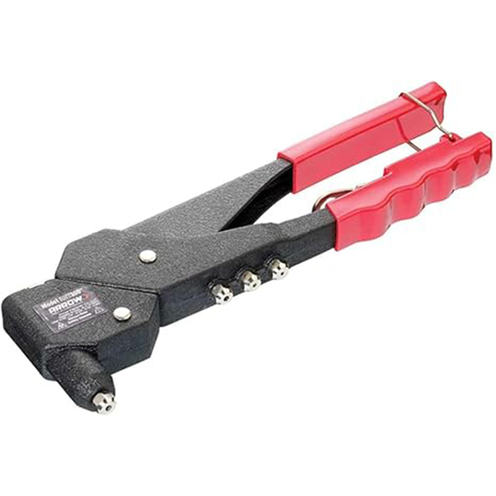 Introducing the Swivel Pop Rivet Handgun—a black rivet tool with red handles, equipped with three interchangeable nosepieces attached to its body. Designed for comfort, it features an ergonomic grip and a convenient rotating head for easy use.