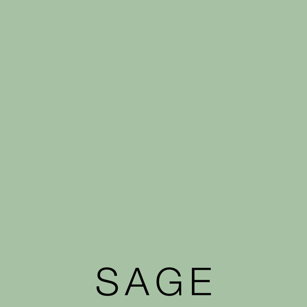 A solid sage green background with the word SAGE written in black, uppercase letters near the bottom center, evoking the understated elegance and refined comfort of luxury cotton sheets—just like Airstream Custom 500 Thread Count Sheets for Atlas 25MS.