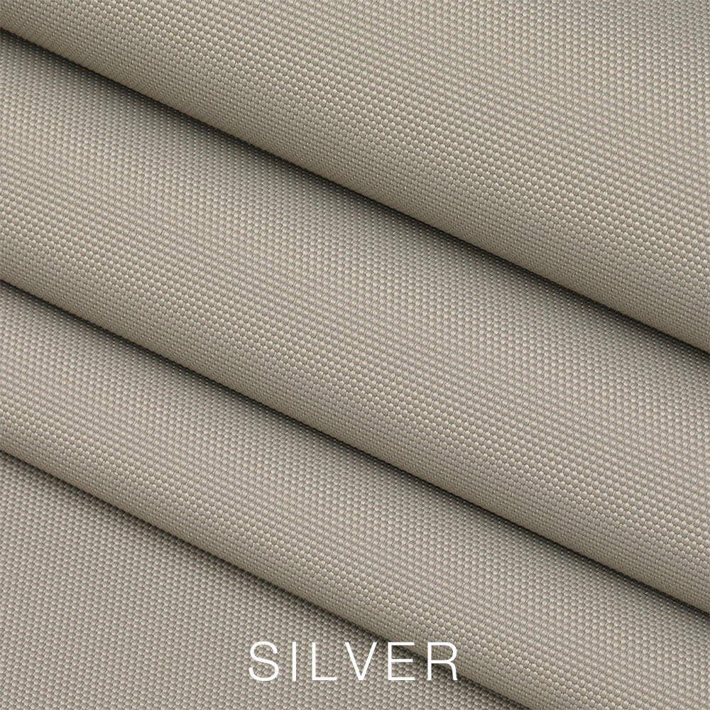  Close-up of folded fabric in a silver-gray color with a fine woven texture, ideal for use as an Airstream Travel Trailer Padded Solar Window Guard Protector. The word SILVER is written at the bottom in white capital letters. #color_Silver