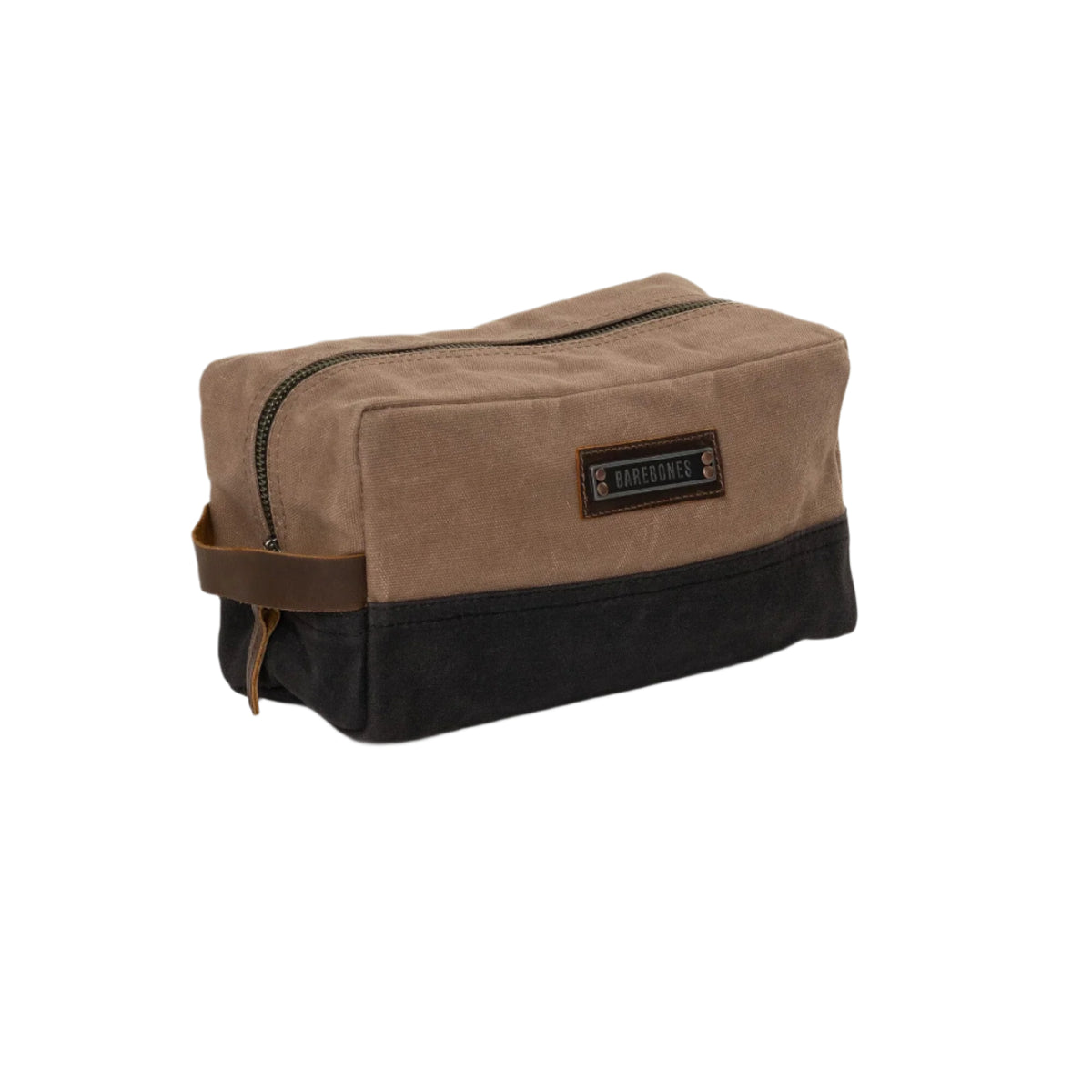 Introducing the Neelum Dopp Kit by Barebones—a rectangular, water-resistant toiletry bag crafted from brown and black zippered waxed canvas. Featuring a leather pull tab and the Barebones logo patch on the front, this dopp kit is the ideal travel organizer for your next adventure.