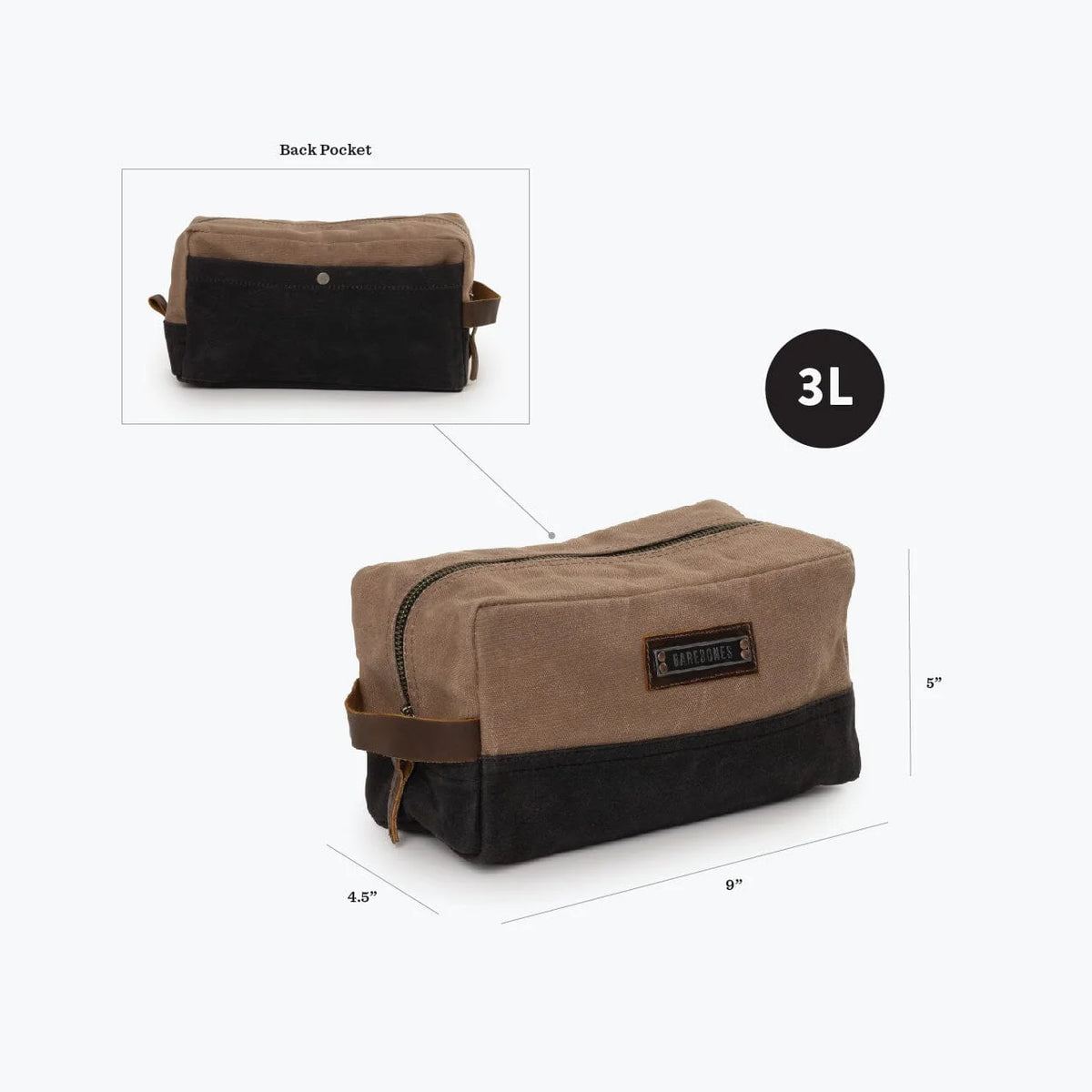 The Neelum Dopp Kit by Barebones is a brown and black waxed canvas toiletry bag featuring a zipper closure, side handle, back pocket, and branded label. This water-resistant dopp kit measures 9 x 4.5 x 5 inches with a 3-liter capacity—making it the perfect travel organizer for all your essentials.