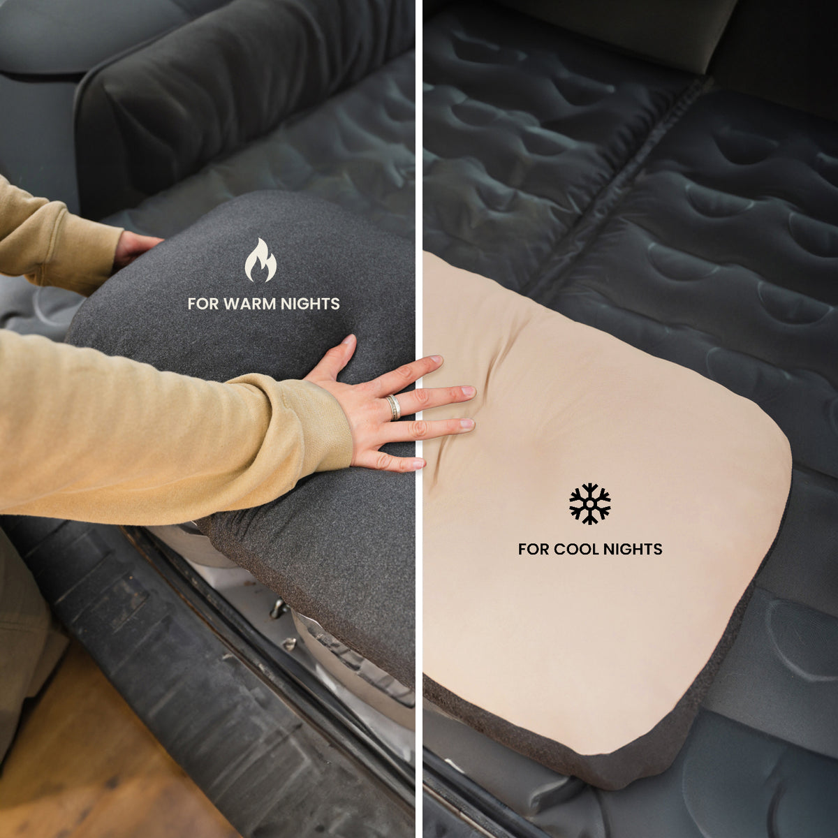 A person flips a two-sided mattress: one dark side labeled For Warm Nights with a flame icon, and one light side labeled For Cool Nights with a snowflake icon. The mattress rests on a dark sofa, perfectly complemented by the Packable Camp Pillow by Luno for added comfort—ideal Airstream gear for every adventure.