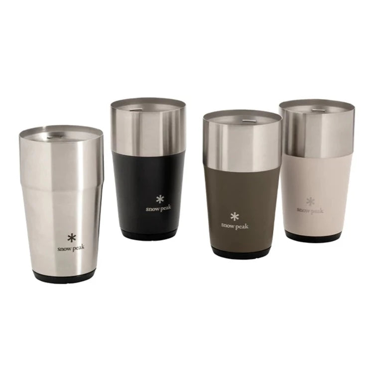 Four Shimo Tumblers from the Snow Peak Shimo Tumbler Set, crafted from stainless steel and insulated to retain temperature, are showcased upright against a white background. This stylish set features four stackable tumblers in distinct matte finishes—silver, black, olive green, and beige.