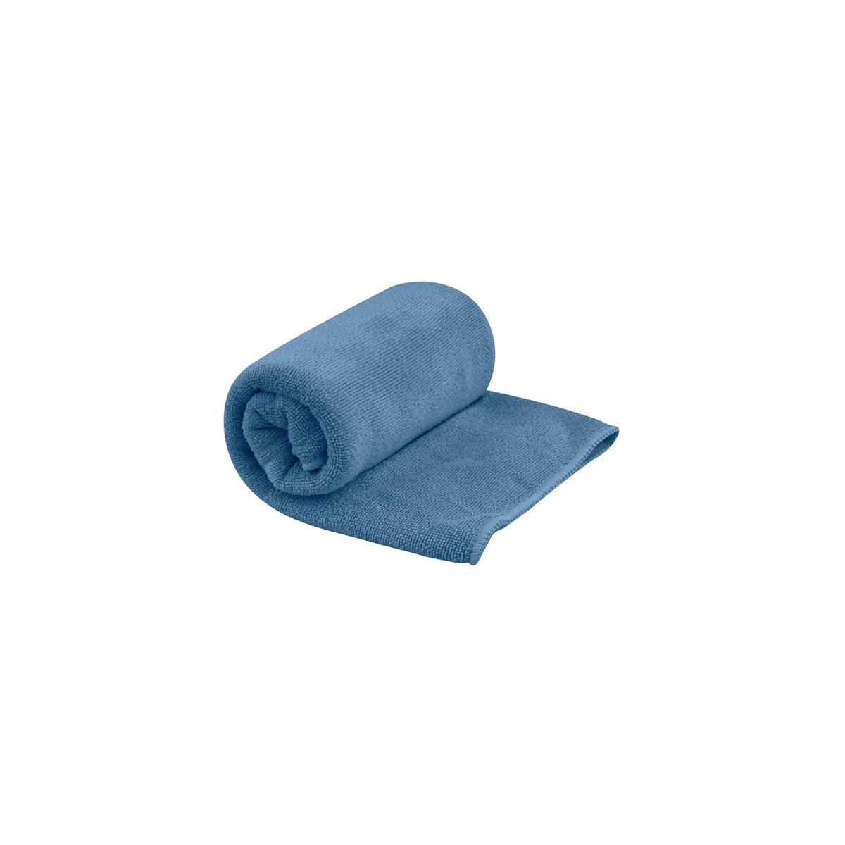 The Tek Quick Dry Towel, shown partially unrolled on a white background, is a blue microfiber towel that’s perfect for drying off quickly after an Airstream shower.