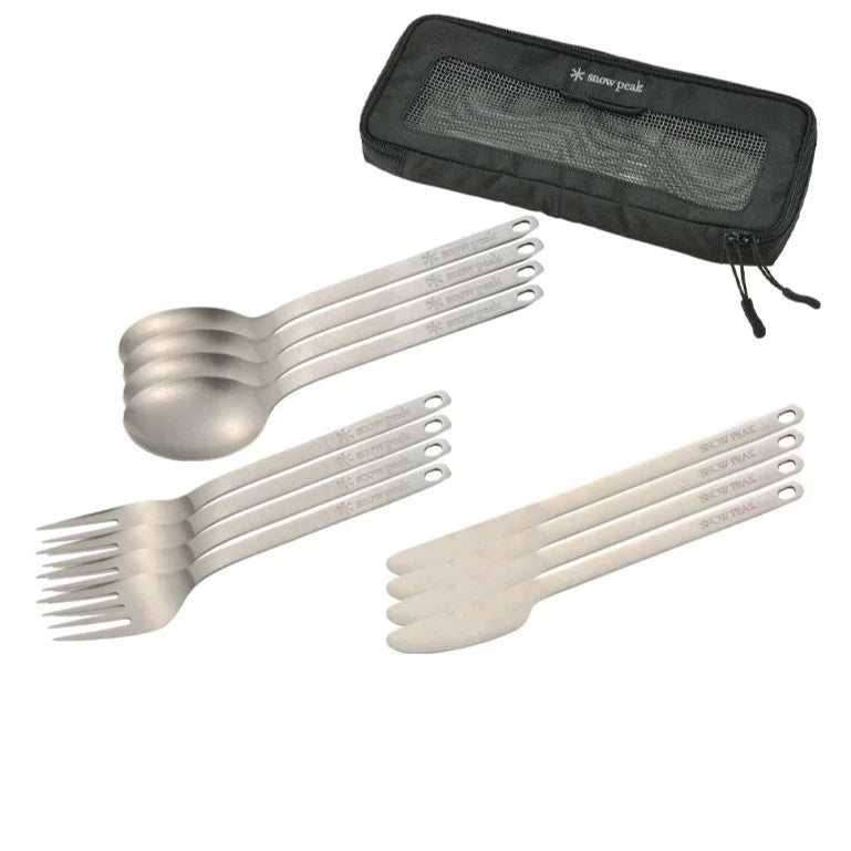 The Snow Peak 12-Piece Titanium Cutlery Set includes four metal spoons, four forks, and four knives—crafted from lightweight titanium—with a black mesh zip pouch displayed above them, making it ideal for camping adventures.