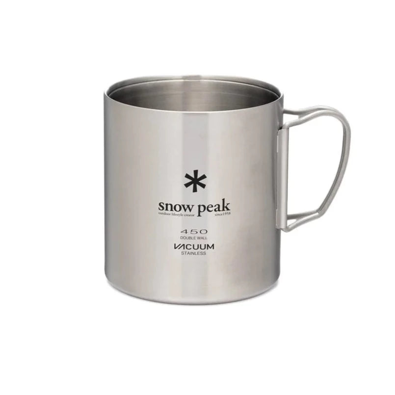 The Snow Peak Stainless Vacuum-Insulated Mug 450ml is a durable stainless steel mug with collapsible handles, featuring the Snow Peak logo and text that reads “450 Double Wall Vacuum Stainless” against a white background. Designed for exceptional temperature retention, this lightweight mug combines functionality with long-lasting performance.