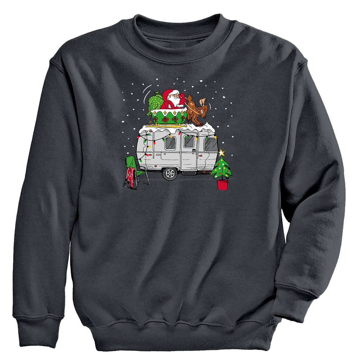 Airstream Santa Soft Landing Sweatshirt: Black long sleeve sweatshirt featuring a festive scene with Santa and a reindeer on top of an aluminum travel trailer, Christmas lights, a decorated tree, presents, and snow falling in the background.