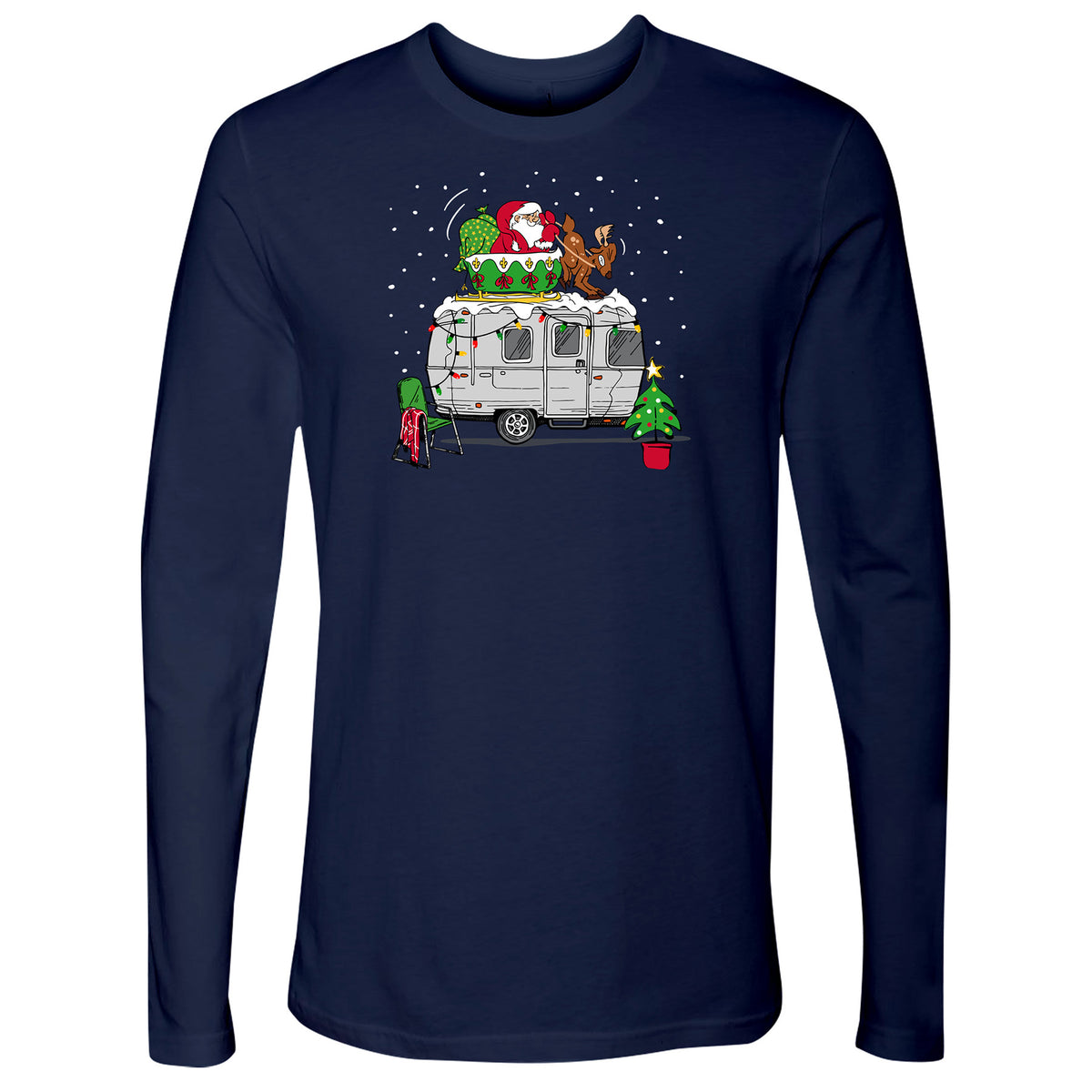 Celebrate festive adventures with the Airstream Santa Soft Landing Holiday Long Sleeve T-Shirt, a navy tee featuring a graphic of a camper adorned for Christmas with Santa and a reindeer on the roof, sparkling string lights, snow, a cozy chair, and a small decorated tree—perfect for travel trailer enthusiasts who love holiday cheer.