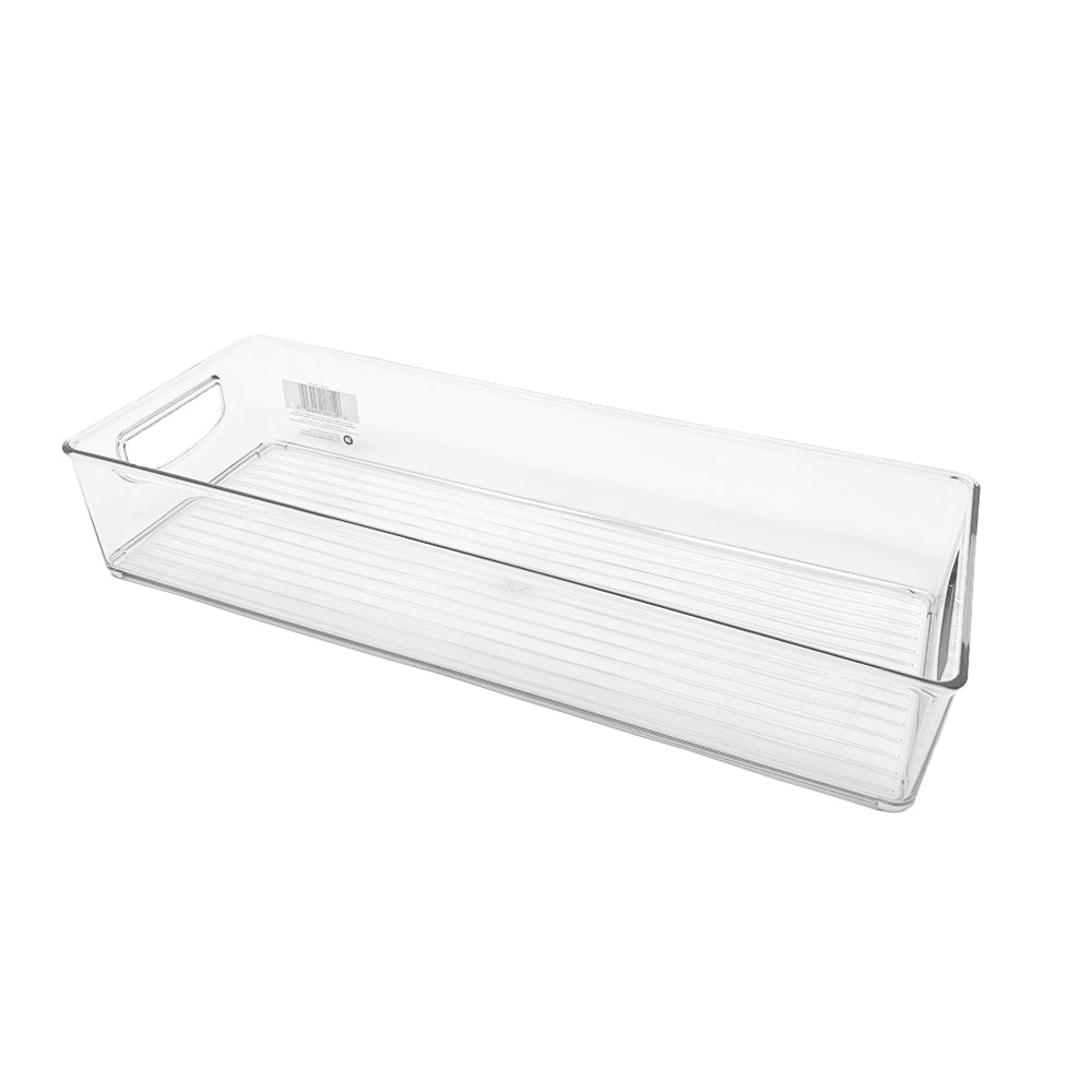 A clear rectangular Stackable Storage Bin, 16 x 6 x 3 inches, with a convenient handle cutout on one side is shown on a white background; this versatile organizer is perfect for keeping your essentials tidy at home or on the road.