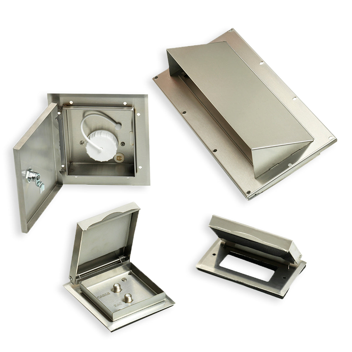 Four Airstream Stainless Steel Upgrade Bundle wall vents and access panels are displayed on a white background, each photographed from different angles. Some are open, showcasing internal details like dials and connectors, while others remain closed. These durable pieces make excellent exterior parts and essential accessories for your Airstream travel trailer, helping keep your rig in top condition.