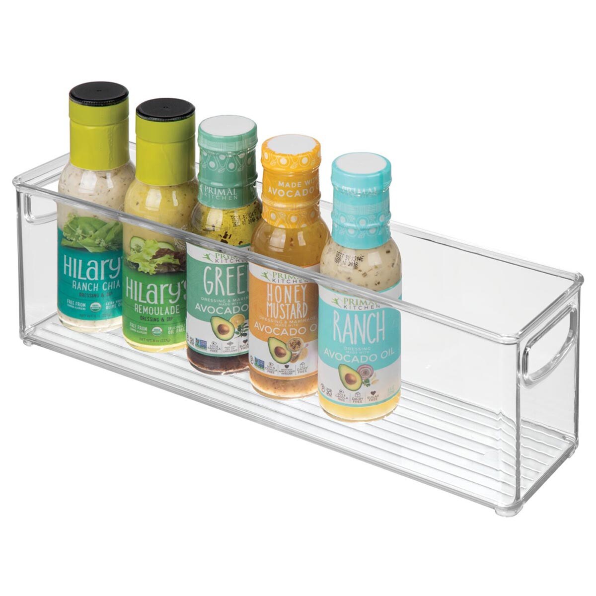 Five bottles of salad dressing in assorted flavors are neatly arranged in the Storage Bin 16 x 4 x 5 with convenient handles, highlighting one of the most practical storage solutions for your kitchen or Airstream, set against a white background.