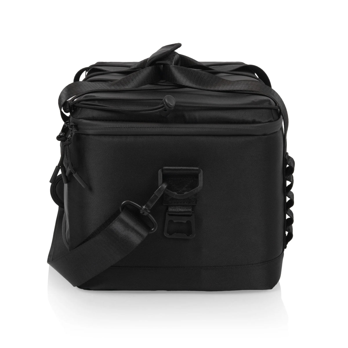 The Airstream Superthick Recycled Cooler, a black soft-sided bag made from recycled water bottles, includes a shoulder strap, front buckle, side handle, and zippered top, displayed against a white background.