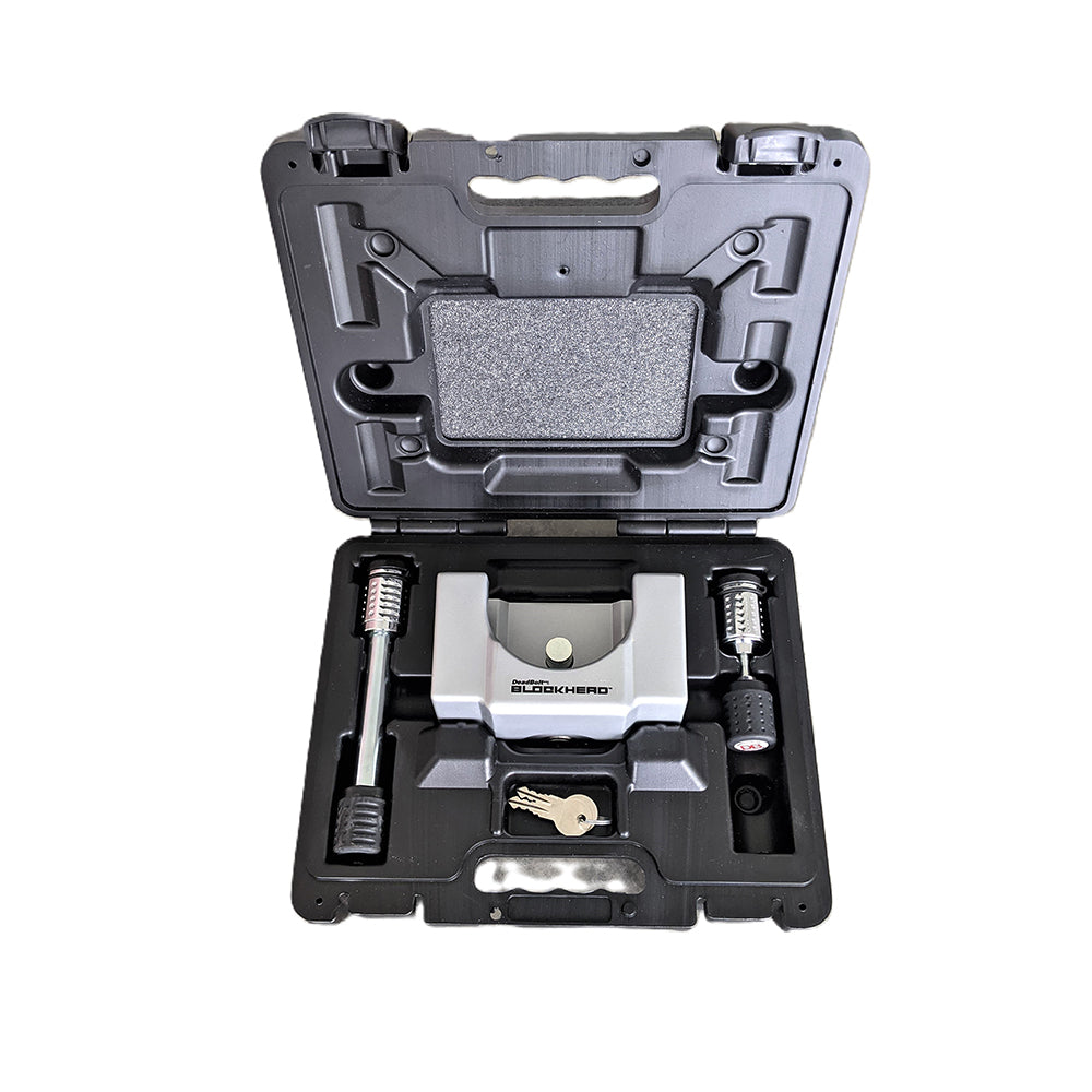 A black plastic carrying case opens to reveal the Airstream Anti-Theft Hitch and Trailer Lock Kit, which includes a heavy-duty metal lock device, two keys, and two textured-handle metal rods—all neatly arranged in custom-fitted compartments—ideal for boosting Airstream security or protecting your trailer hitch and lock while traveling.