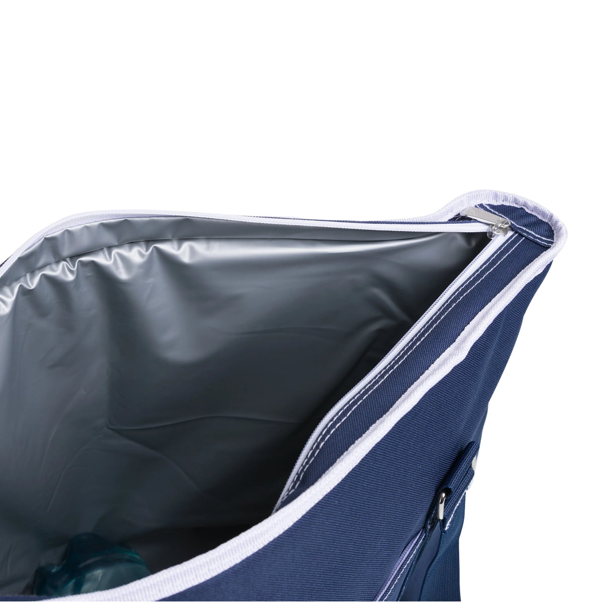 The Airstream Script Logo Oversized Cooler Tote is a blue insulated cooler bag with a partially open zipper displaying its silver thermal lining. This spacious tote features a front pocket and white piping along the edges, making it ideal for keeping refreshments chilled while on the go.