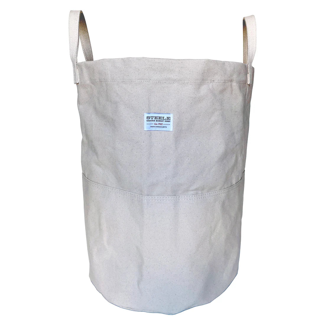 A Tall Canvas Storage Bin in beige, featuring two sturdy handles, a convenient front pocket, and a small sewn label near the top center. Shown upright and empty against a white background, it’s ideal for organizing camping essentials or adding Airstream storage.