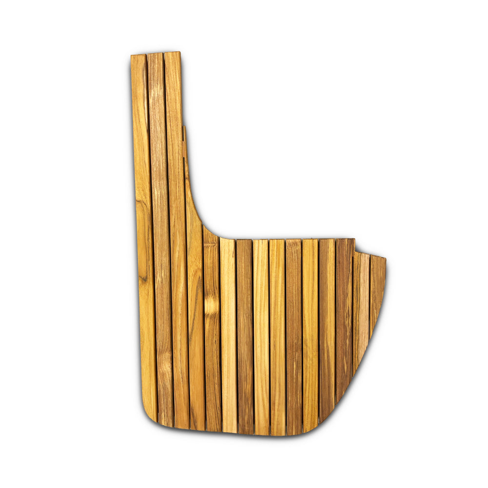 Airstream Teak Shower Mats for Rangeline 21PS: Crafted with vertical wooden slats, this custom mat features a straight left edge, a curved bottom, and an irregular top right section. Set against a white background, it’s the ideal teak shower accessory for those looking to enhance their Airstream experience.