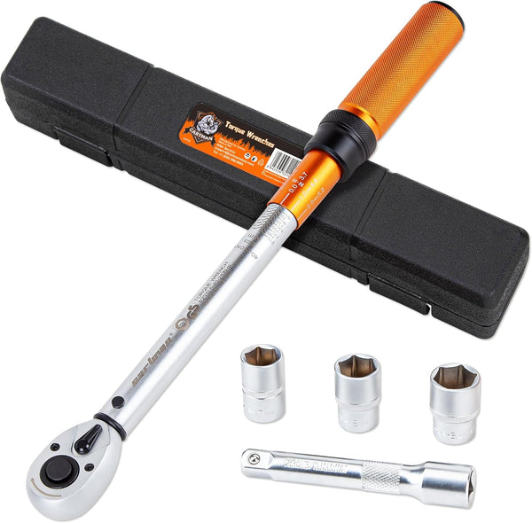 Torque wrench with orange handle and black case, accompanied by socket tools on a white background.