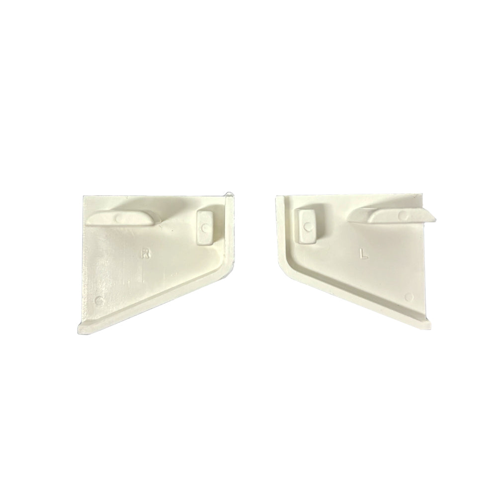 Two white plastic Airstream Curtain Track End Caps (Part #200784 and #200785), labeled L and R, face each other on a plain white background, designed as genuine parts for the Airstream curtain system.