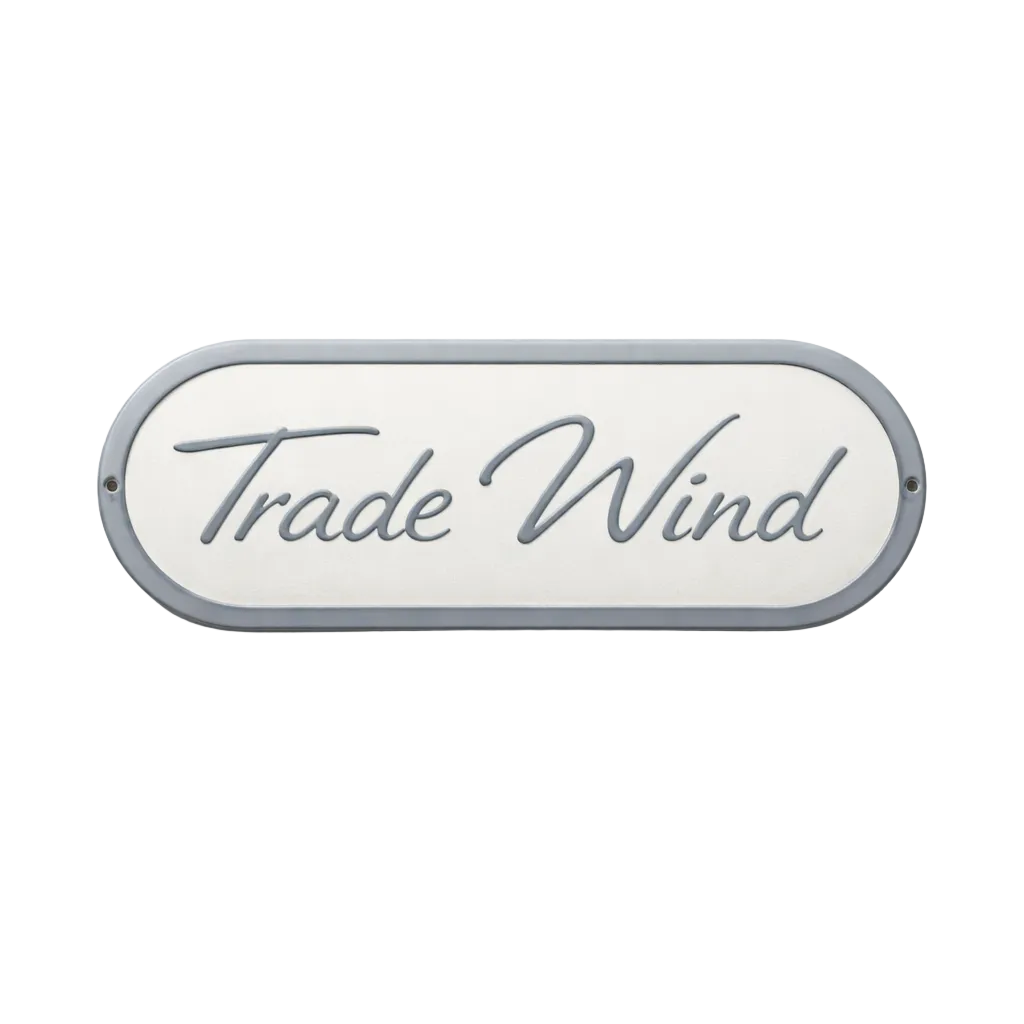 Decorative sign with 'Trade Wind' text on a white background