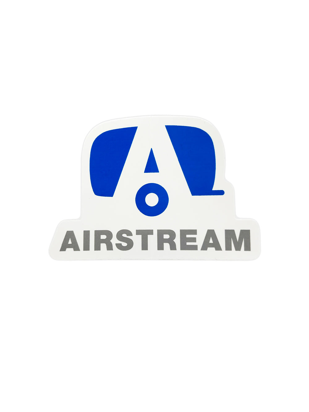 A blue and white stylized graphic resembling an Airstream trailer rests above the gray “AIRSTREAM” text on a white background, embodying the spirit of travel independence for anyone eager to discover new places. The Airstream Trailer A Logo Sticker is the perfect choice for adventure enthusiasts seeking to add a touch of wanderlust to their gear.