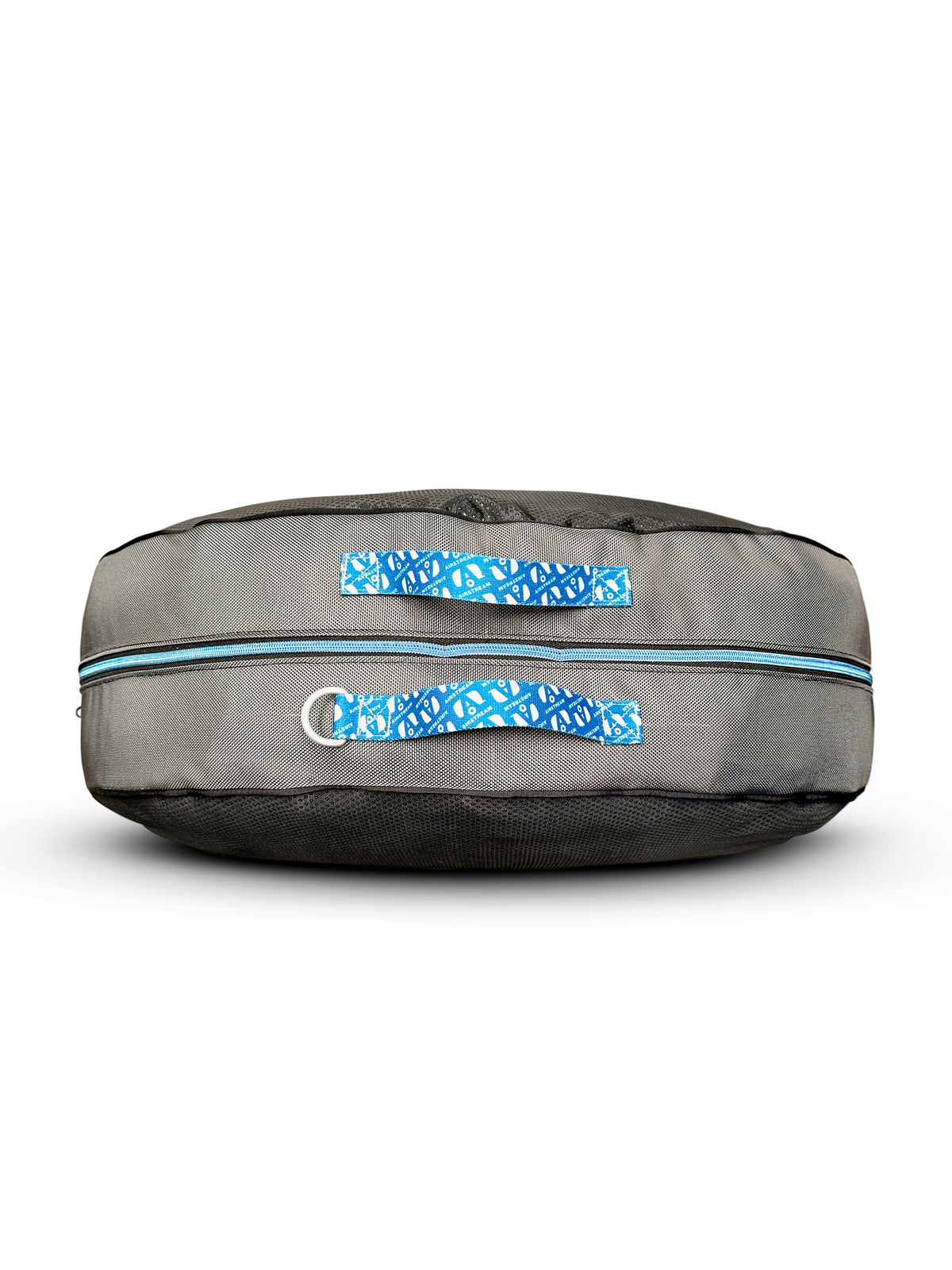 Introducing the Airstream Travel Pet Bed—a round gray organizer bag featuring a blue zipper and two blue patterned fabric handles on top, shown from the side against a white background. This versatile portable pet bed is perfect for keeping your furry friend’s essentials organized on every adventure.