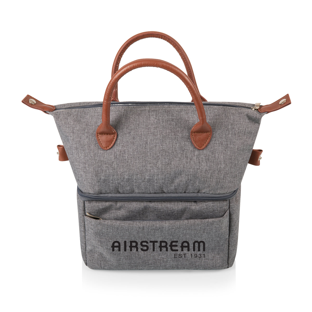 The Airstream Urban Lunch Bag is a gray insulated tote with brown handles and a front pocket. “AIRSTREAM EST 1931” is printed in black on the front pocket, adding a stylish touch to this functional lunch bag. The product is shown against a white background.