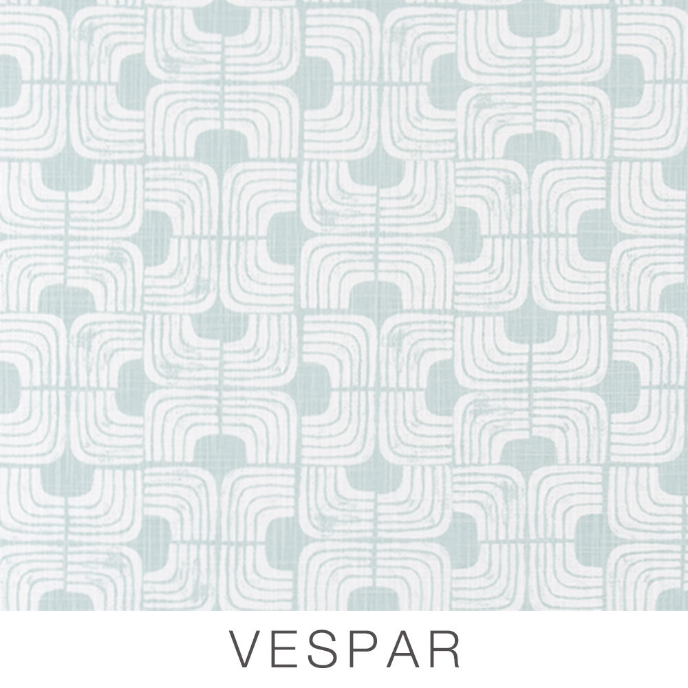 A geometric pattern of overlapping curved lines in light blue and white creates a retro, tiled effect reminiscent of classic Airstream Printed Custom Curtains for Pottery Barn Travel Trailers. The word VESPAR appears in uppercase letters at the bottom of the image.