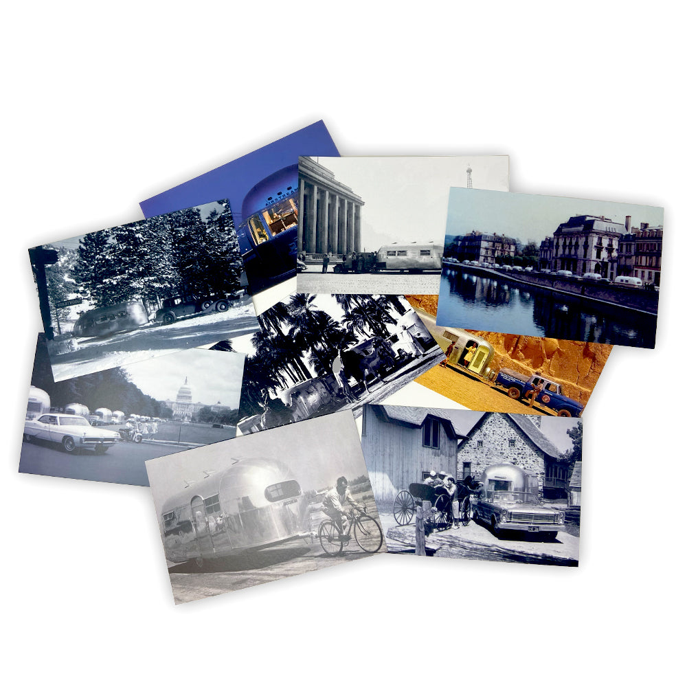 Vintage Postcards – a set of seven nostalgic cards featuring iconic city scenes, landmarks, classic cars, bicycles, and historic buildings in an artful, overlapping display on a crisp white background—ideal for postcard enthusiasts or collectors looking to add global adventure to their collection.
