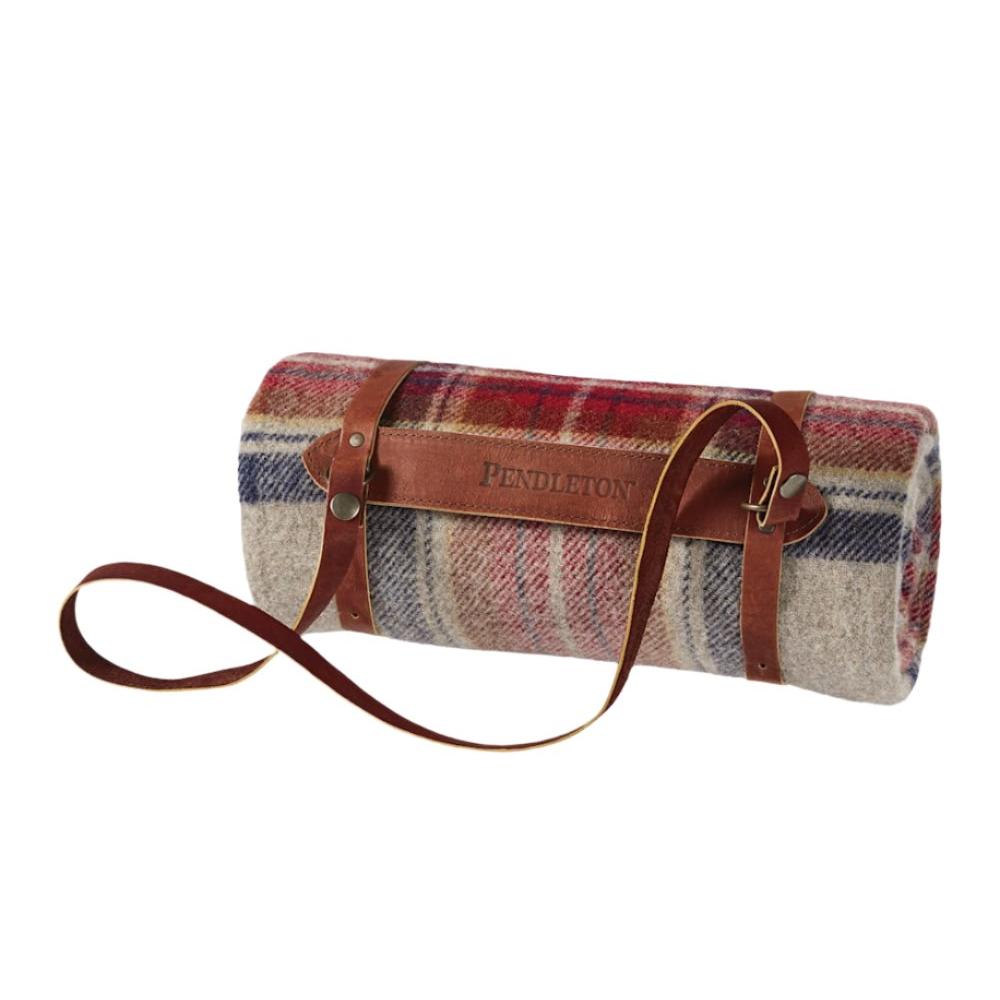 The Motor Robe Throw with Leather Carrier by Pendleton is a rolled plaid wool blanket featuring red, gray, and beige stripes, secured with brown leather straps and a shoulder carrying handle. Inspired by the classic Pendleton Motor Robe Throw design, it blends timeless style with practical portability—perfect for travel or cozy evenings at home.