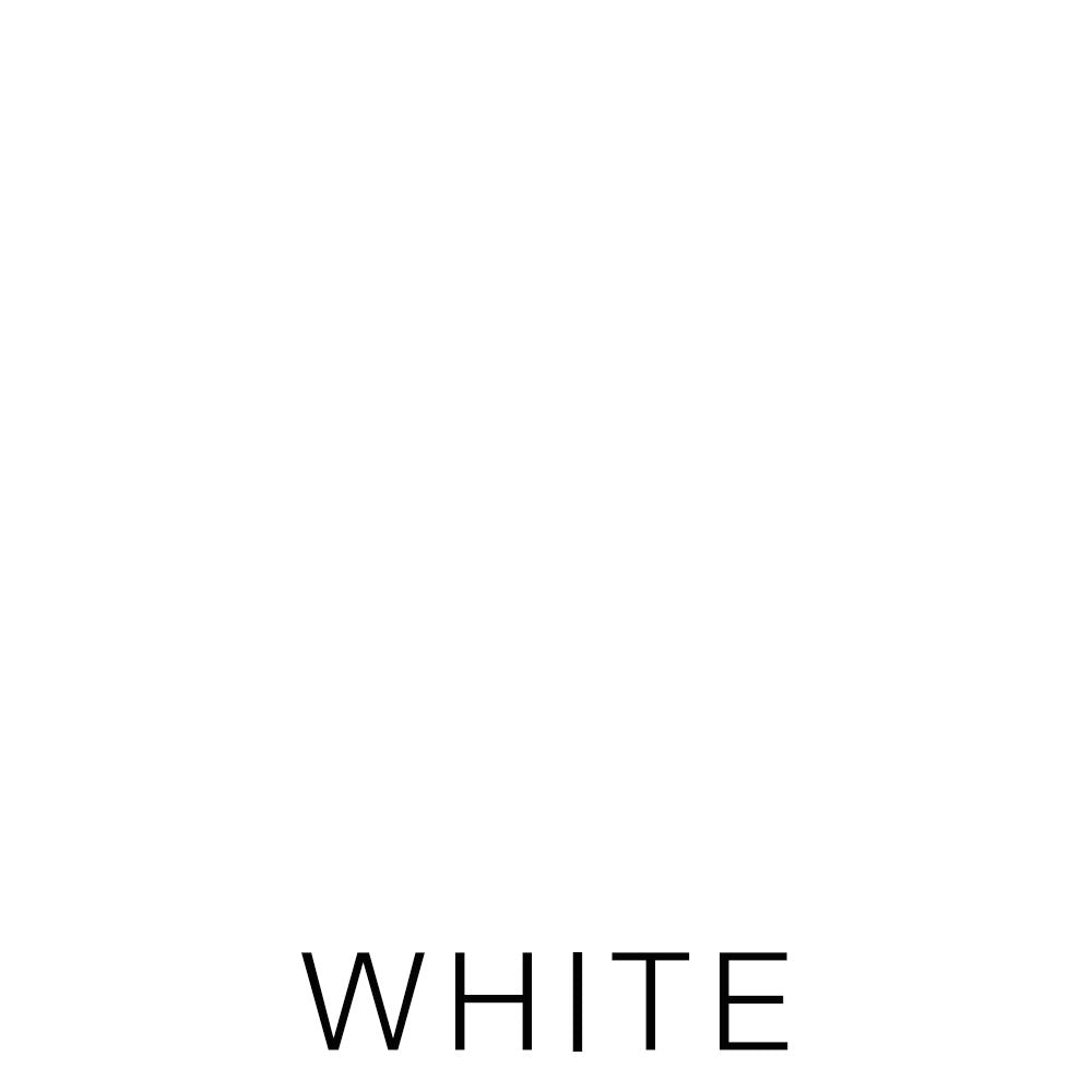 A plain white background with the word WHITE written in black capital letters at the bottom center, evoking the crisp elegance of Airstream Custom 500 Thread Count Sheets for Atlas 25MS and other luxury cotton bedding.