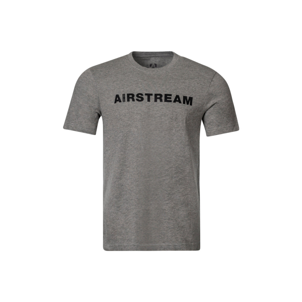 The Airstream 1931 Wanderlust T-Shirt features a gray short-sleeve design with “AIRSTREAM” boldly printed in black capital letters across the chest. Crafted from soft USA-grown cotton, this shirt is showcased on a plain white background, making it a timeless piece for the wanderlust collection.
