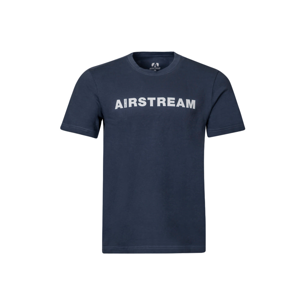 Introducing the Airstream 1931 Wanderlust T-Shirt: a navy blue short-sleeve tee featuring “AIRSTREAM” boldly printed in white across the chest, crafted from soft USA-grown cotton and exclusively part of our wanderlust collection.