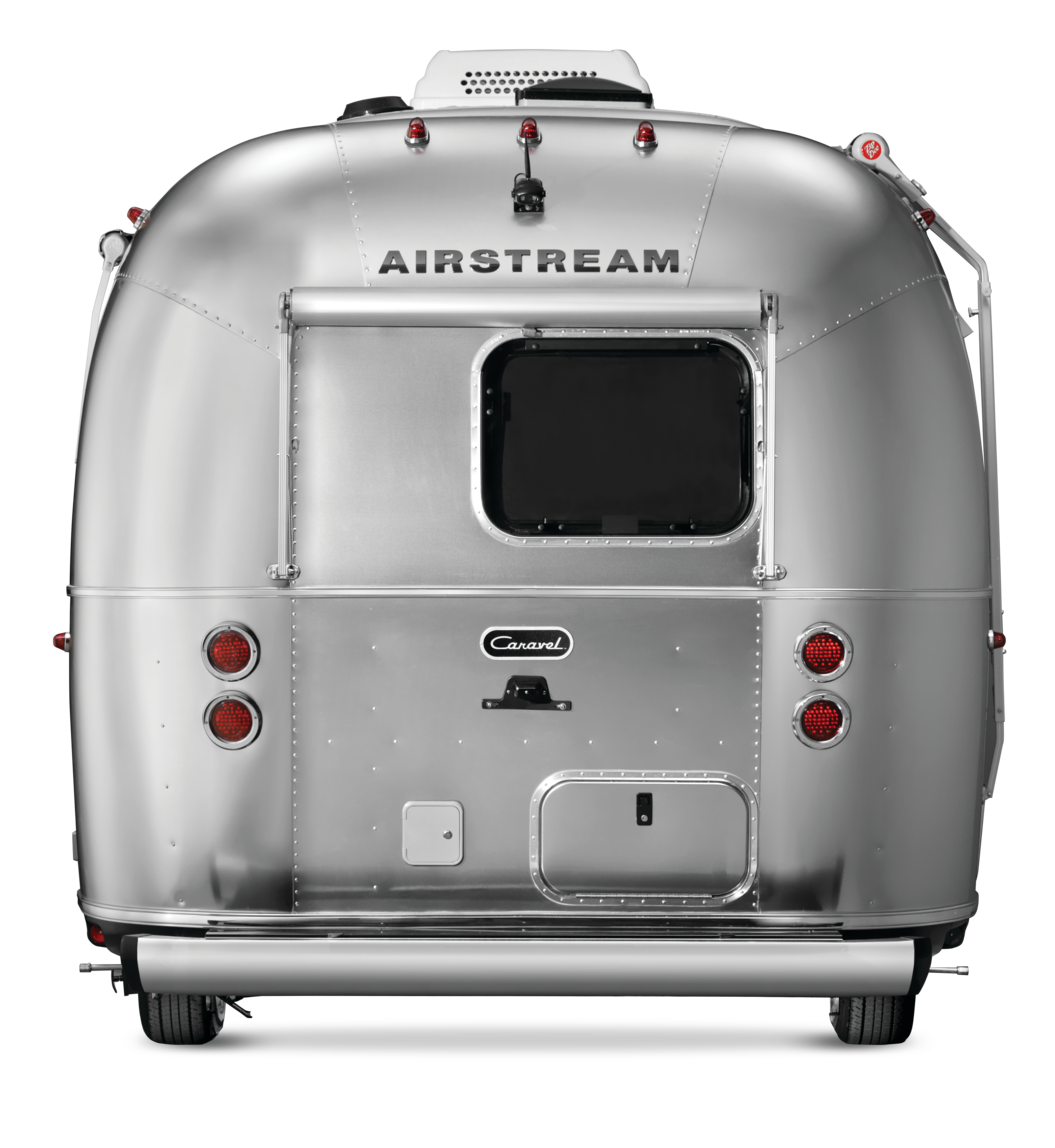 Silver Airstream trailer on a white background