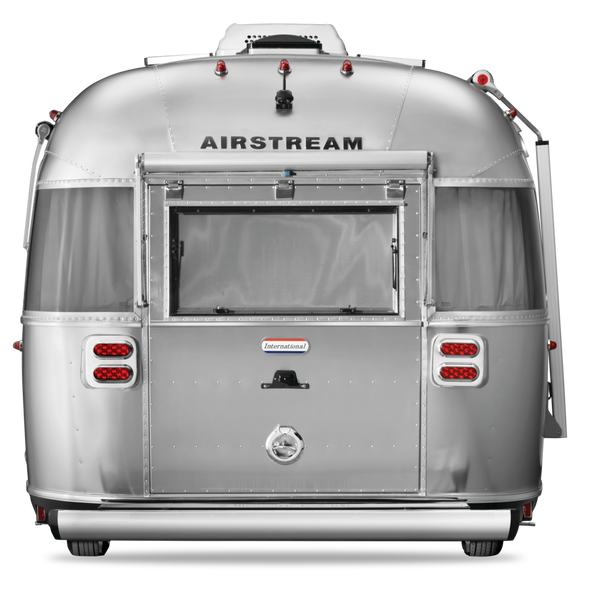 Silver Airstream trailer on a white background