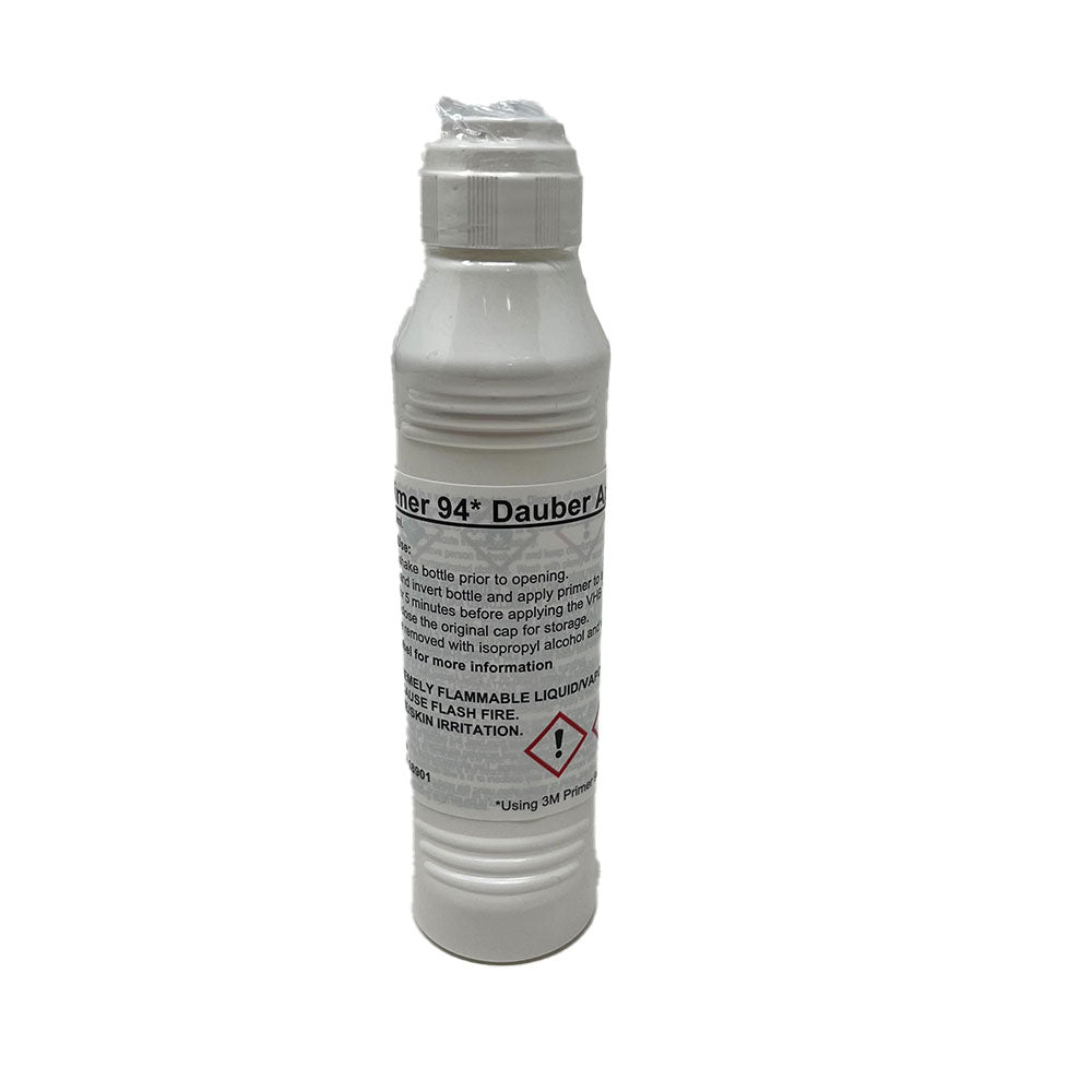 A white plastic bottle labeled “Airstream 3M Adhesive Primer for Replacement Trim,” featuring a dauber applicator cap, is commonly used as an adhesive primer for tasks like rub rail sealant or trim replacement on Airstreams. The label displays flammability warning symbols and includes precautionary information.