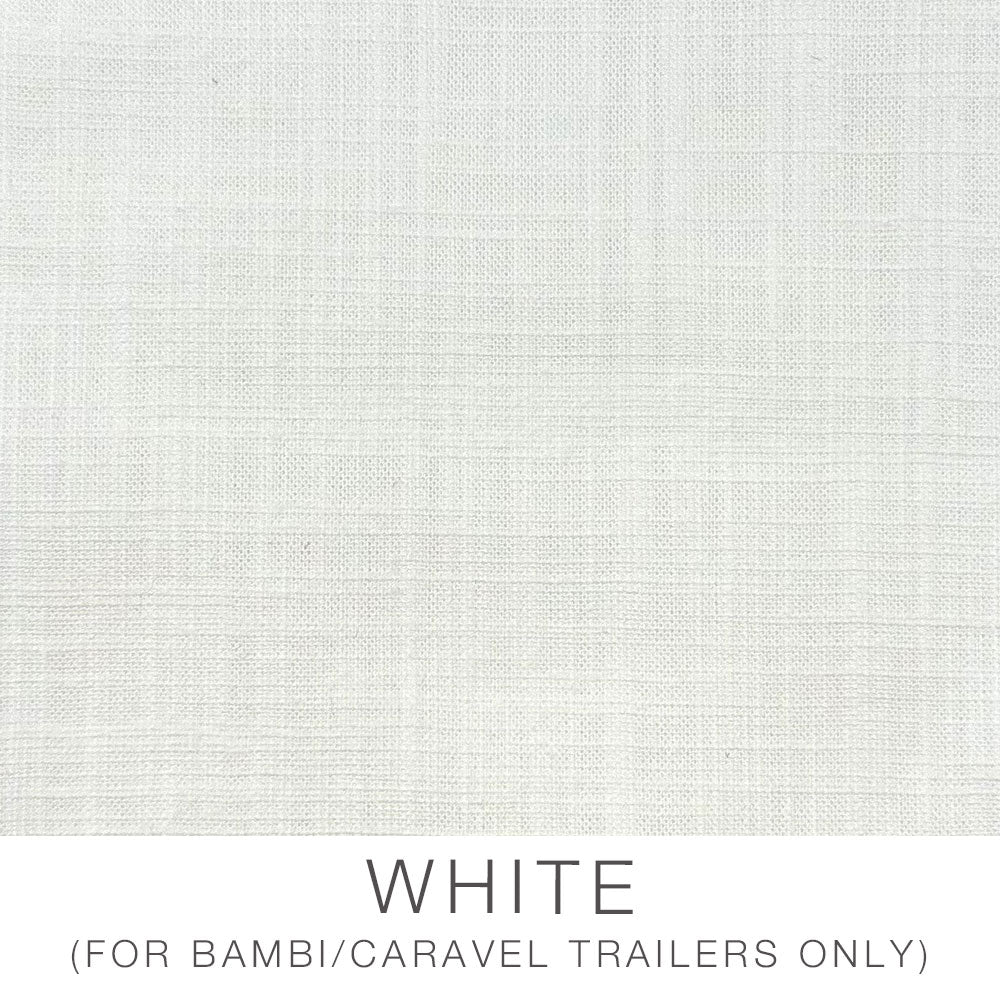 White textured fabric featuring a subtle woven pattern, ideal as solid textured curtains. Below, text reads: WHITE (FOR BAMBI/CARAVEL TRAILERS ONLY) in capital letters—perfect as replacement Airstream Solid Custom Curtains for Bambi Travel Trailers or Airstream curtains.