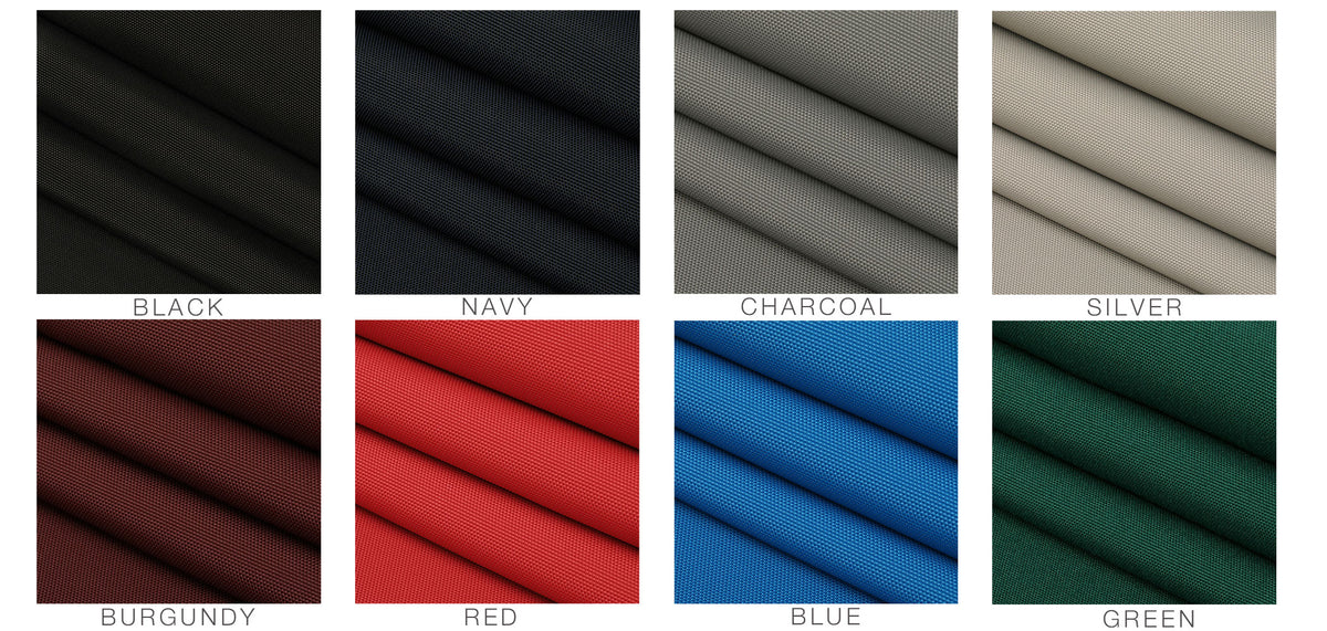 Eight fabric swatches in black, navy, charcoal, silver, burgundy, red, blue, and green—perfect for your next Airstream Travel Trailer Padded Solar Window Guard Protector—each labeled and arranged in two rows of four on a white background.