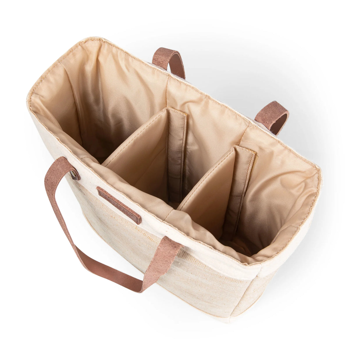 Top view of the Airstream Insulated 3 Bottle Wine Bag in beige with brown handles, featuring three padded interior compartments, displayed on a white background—a stylish insulated tote designed to keep your favorite bottles cool while on the go.