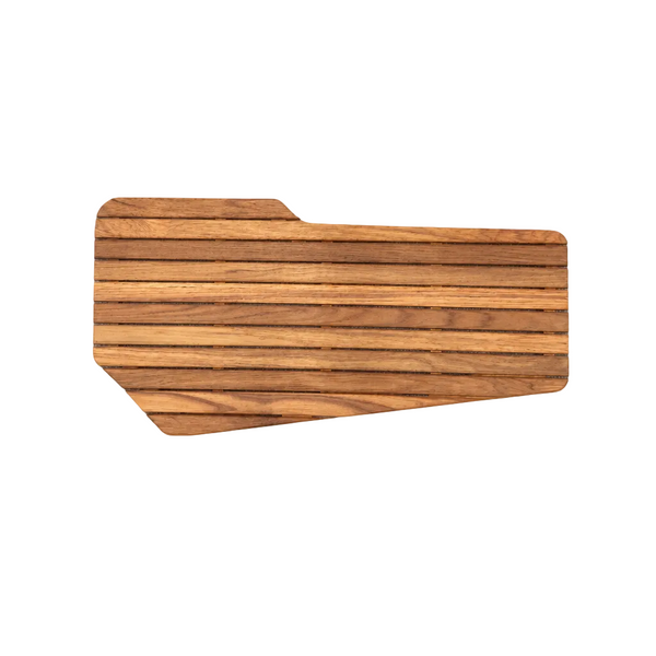 Airstream Teak Shower Mat for World Traveler Travel Trailers with an asymmetrical, contoured shape.