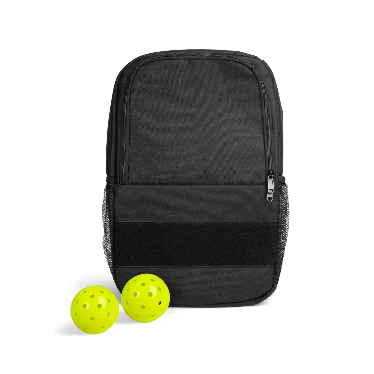 The Pickleball Backpack and Pickleball Set features a black zippered backpack with mesh side pockets, shown upright on a white background. In front of the backpack, two bright yellow pickleballs are positioned side by side.