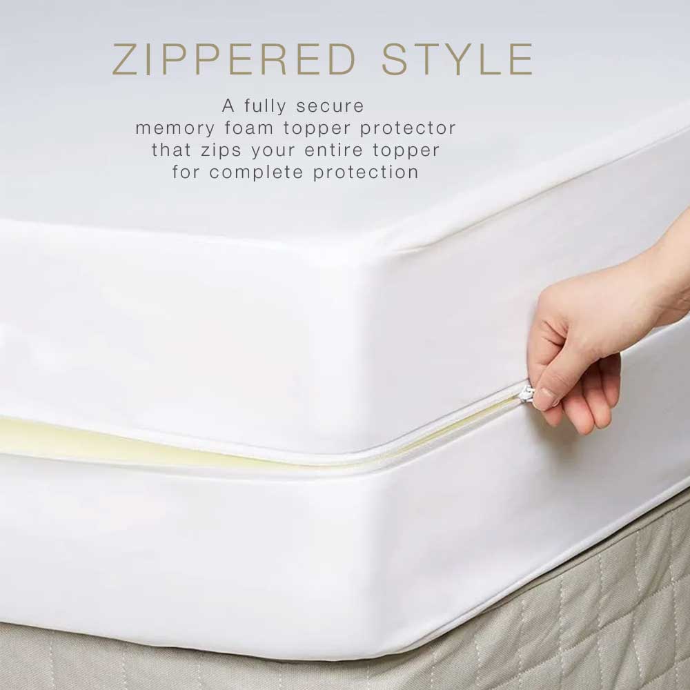 A hand zips an Airstream Custom Encasement for Interstate 19GT/GTX—a waterproof mattress protector—around a memory foam topper on a bed. Text above describes the zippered style for full protection.