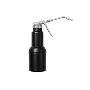 Black oil can with a silver nozzle on a white background