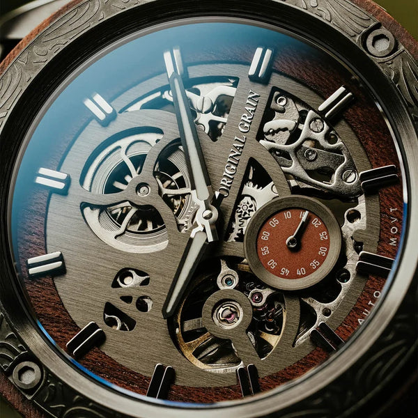 Close-up of a mechanical watch with intricate details and wooden accents.