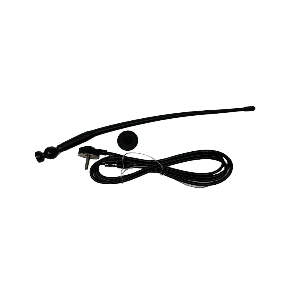 Airstream AM/FM Antenna (Part # 511807), featuring a black flexible rubber mast with a bendable shaft, a round magnetic base, and an extended coaxial cable complete with plug—all displayed on a white background—perfect as an Airstream radio antenna for your travel trailer.