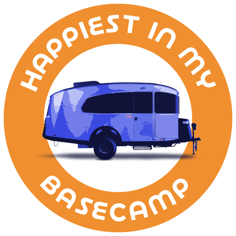A blue teardrop camper trailer is centered inside an orange ring that reads Happiest in My Airstream, making it a perfect addition to your collection of travel trailer stickers or adventure vinyl decals.