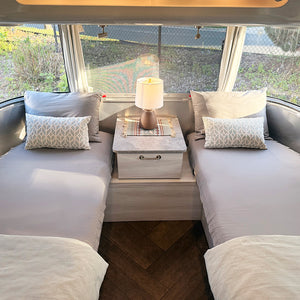 Twin beds in an Airstream Travel Trailer with Beddy's zip sheets and pillows