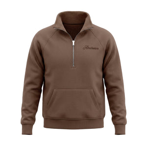 Brown pullover with a zipper and 'Airstream' logo on a white background