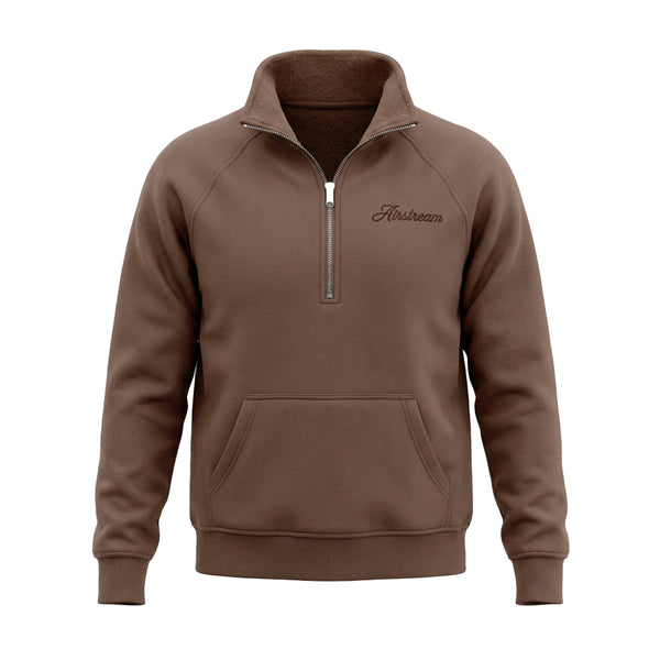 Brown pullover with a zipper and 'Airstream' logo on a white background