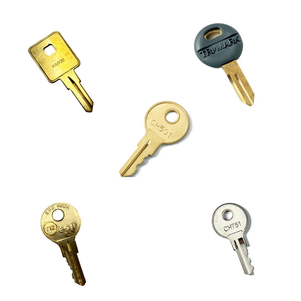 Five uniquely shaped keys with distinct head designs and engraved codes are arranged on a white background. Each key is part of the Airstream Cut Key Bundle for Classic Travel Trailers, making it perfect for any Airstream key collection.